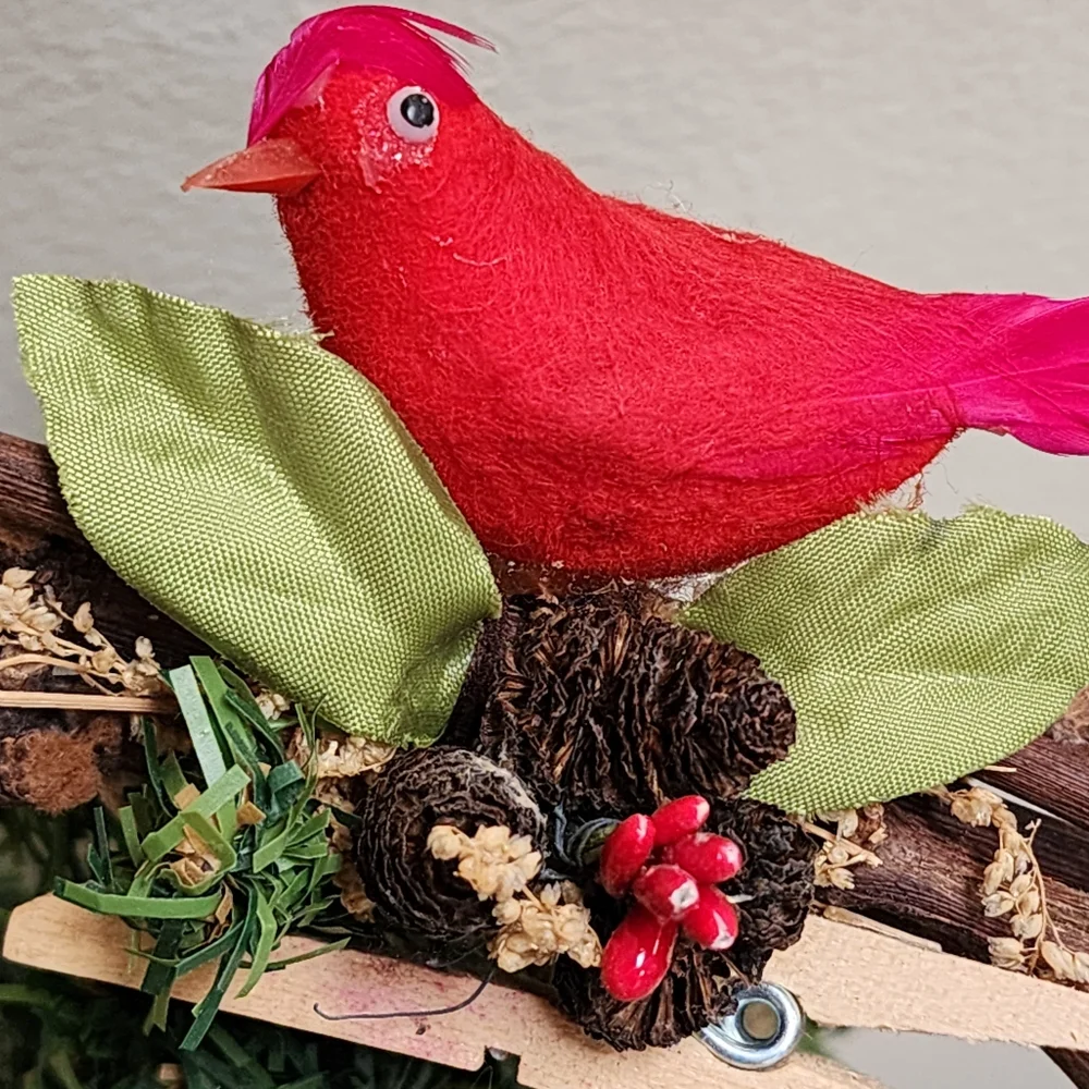 Set of 2 Vintage Feathered Bird Ornaments Holiday Wreath Decor
